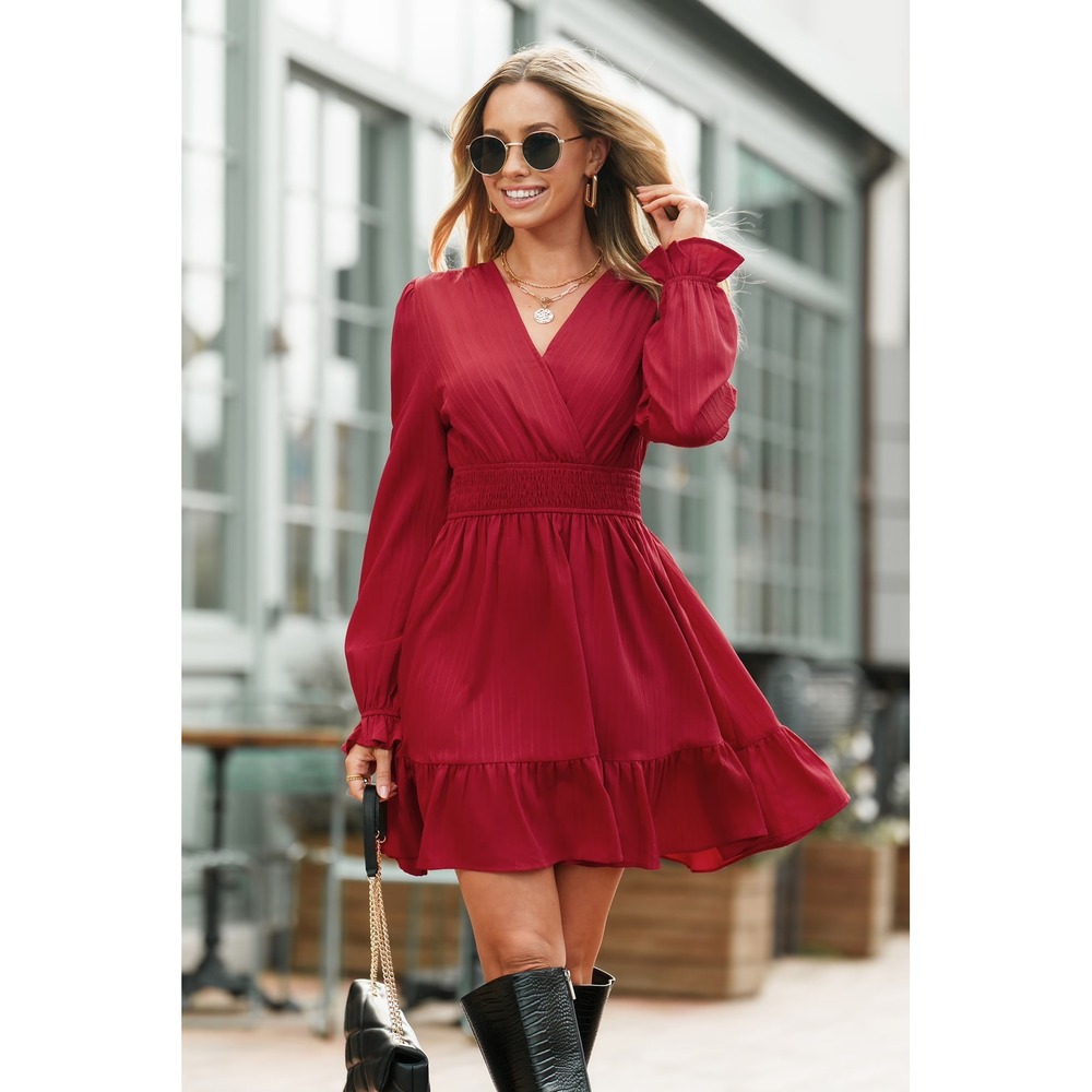 Red Smocked Waist Ruffle Mini Dress